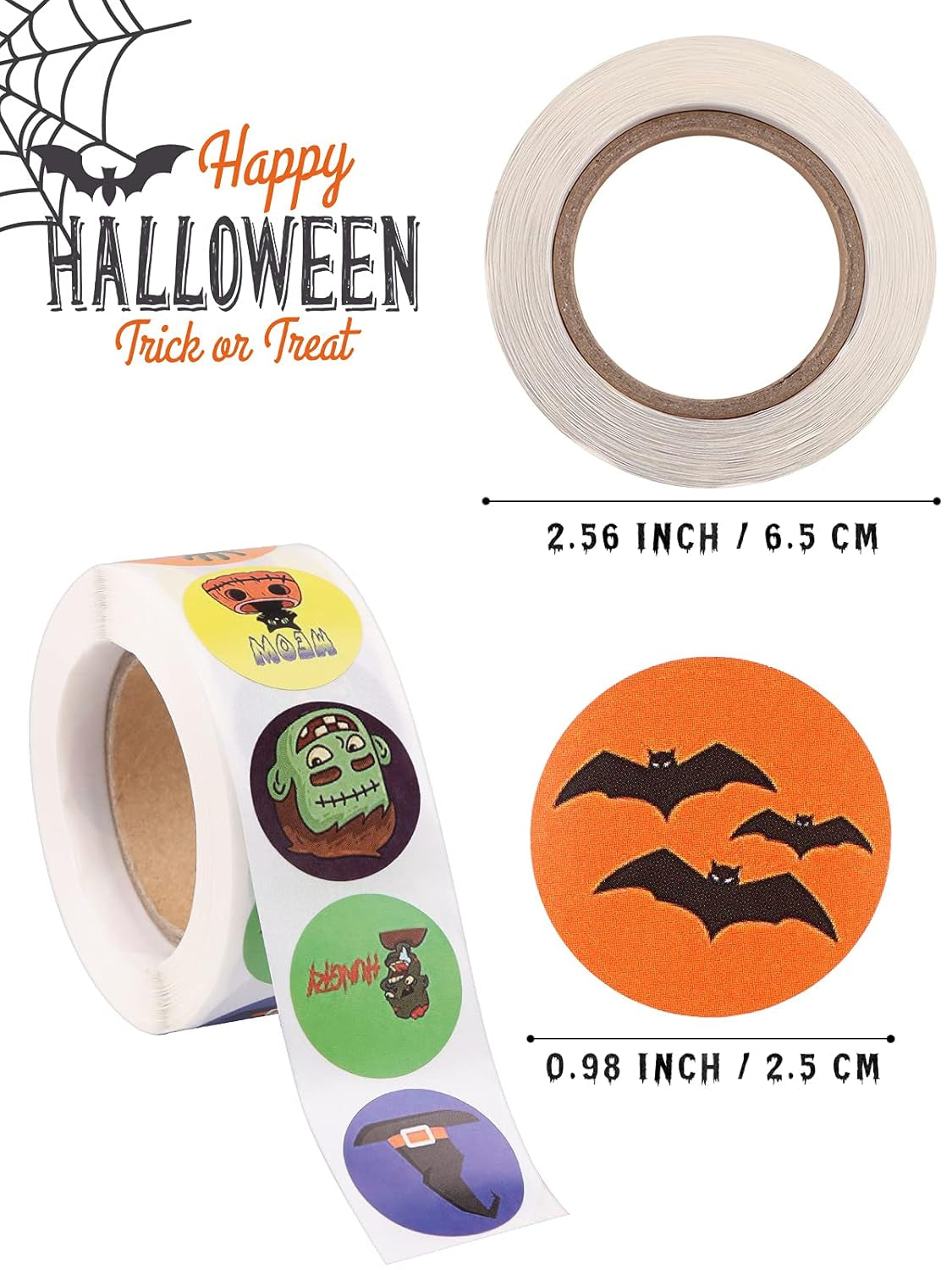 1000PCS Halloween Stickers for Kids,  Pumpkin Spider Bat Roll Sticker, Self Adhesive Gift Wrapping Packaging Envelope Seals Baking Label Paster Stickers for Halloween Decorations