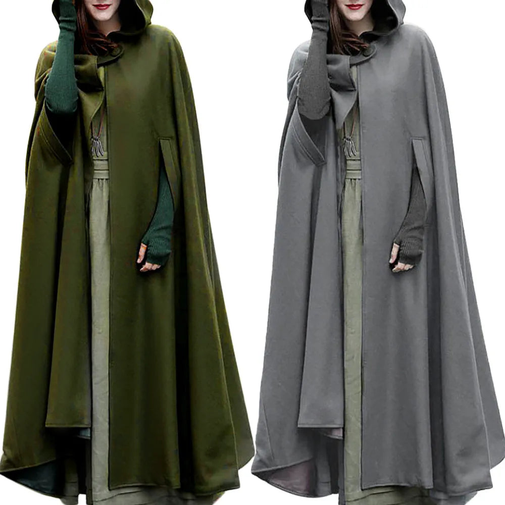 Gothic Cape Hooded Outerwear Women Black Oversize Solid Color Capes Ponchos Y2K Autumn Winter Cloak Hooded Trench Cloak Cosplay