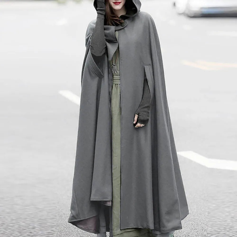 Gothic Cape Hooded Outerwear Women Black Oversize Solid Color Capes Ponchos Y2K Autumn Winter Cloak Hooded Trench Cloak Cosplay