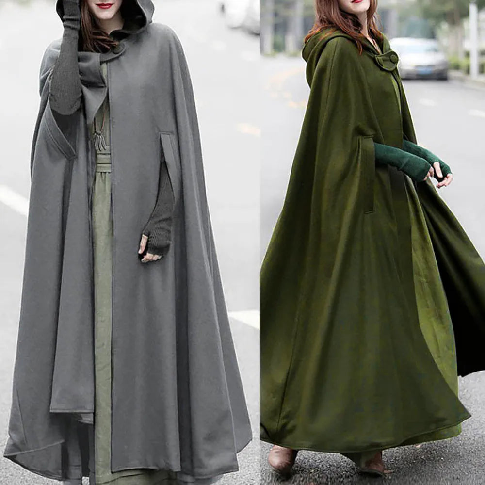 Gothic Cape Hooded Outerwear Women Black Oversize Solid Color Capes Ponchos Y2K Autumn Winter Cloak Hooded Trench Cloak Cosplay
