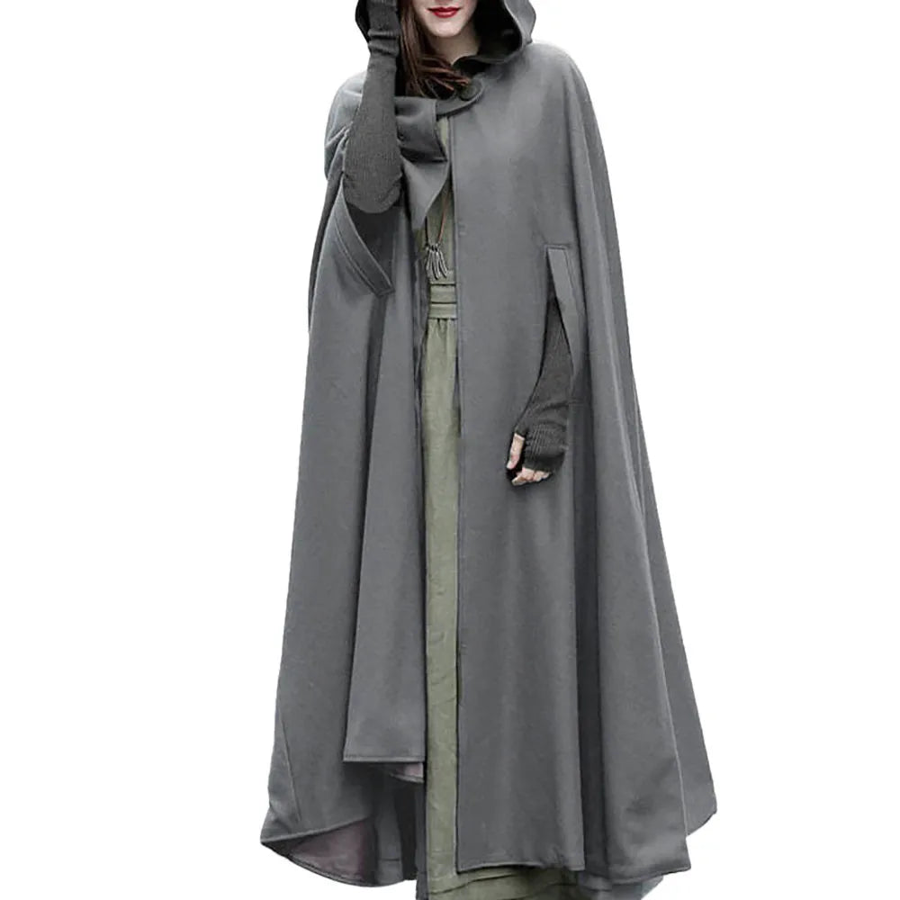 Gothic Cape Hooded Outerwear Women Black Oversize Solid Color Capes Ponchos Y2K Autumn Winter Cloak Hooded Trench Cloak Cosplay