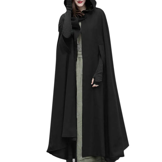 Gothic Cape Hooded Outerwear Women Black Oversize Solid Color Capes Ponchos Y2K Autumn Winter Cloak Hooded Trench Cloak Cosplay