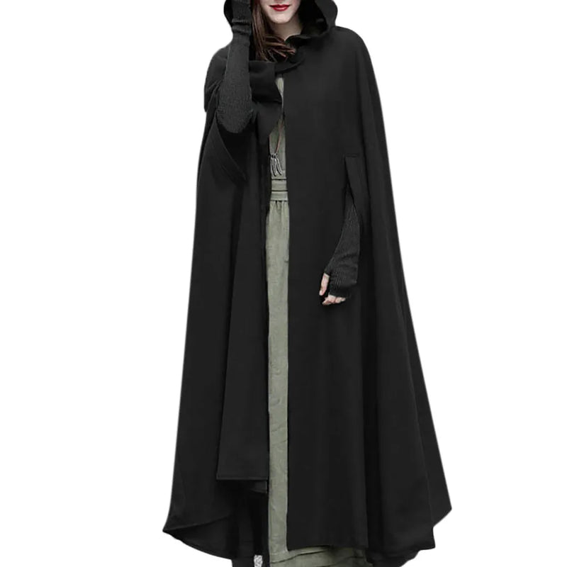 Gothic Cape Hooded Outerwear Women Black Oversize Solid Color Capes Ponchos Y2K Autumn Winter Cloak Hooded Trench Cloak Cosplay