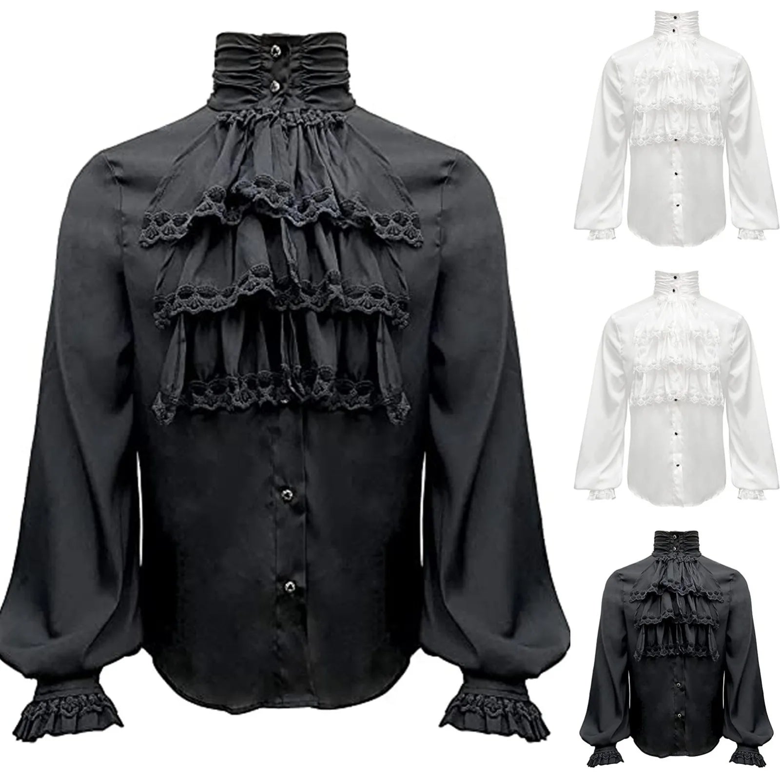 Men Steampunk Shirt Vintage Prince Medieval Renaissance Blouse Male White Black Turtleneck Tops Victorian Cosplay Costumes